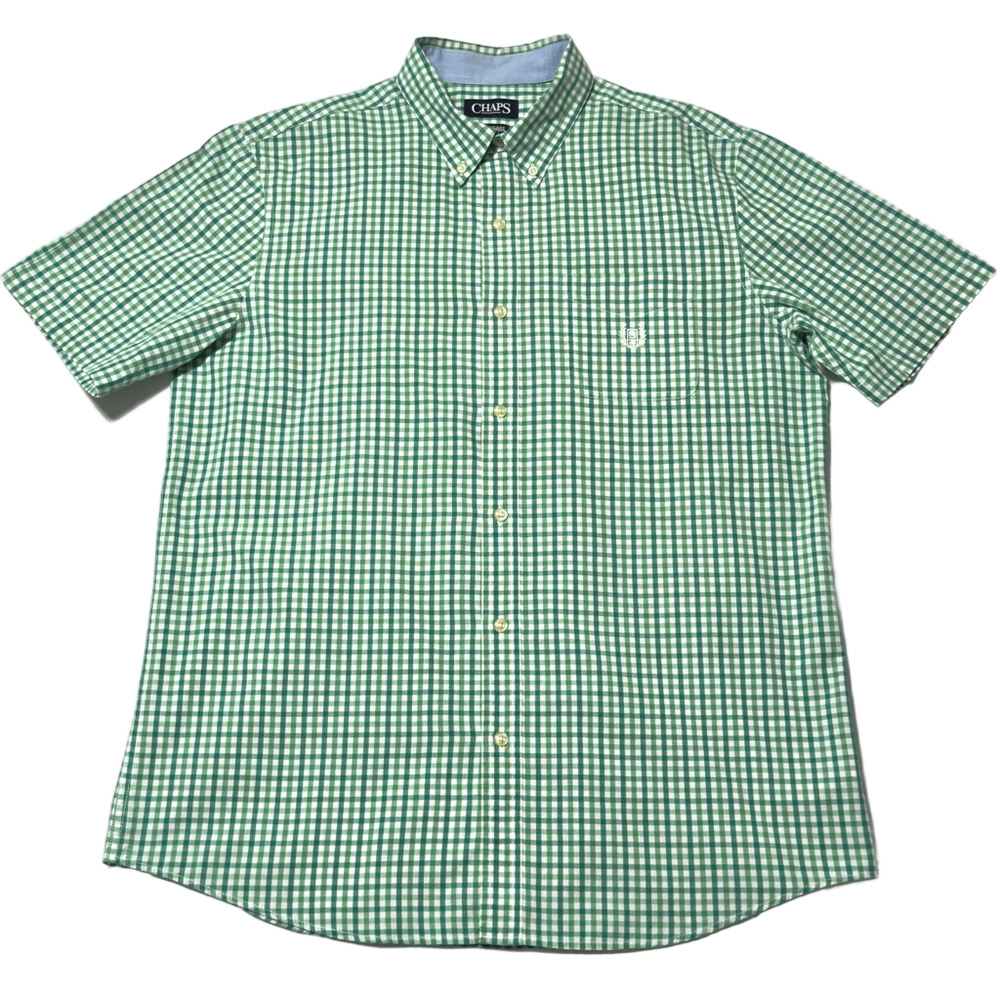 Chaps Green Checkered Gingham Plaid Men's Short Sleeve Large Shirt Excellent